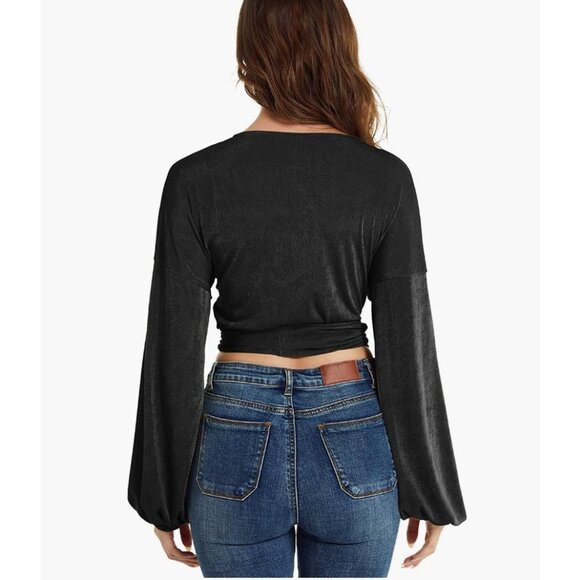 Black Glitter Knit Tie Front Belted V-Neck Long Sleeve Bishop‎ Wrap Sweater Top - Picture 6 of 6